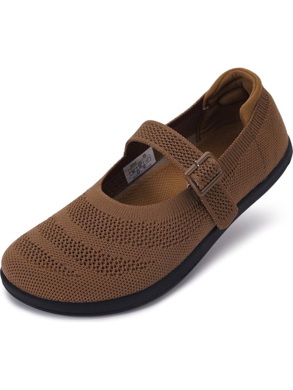 Women's Brown Knit Mary Jane Wide Toe Box Zero Drop Sole Adjustable Straps Flats